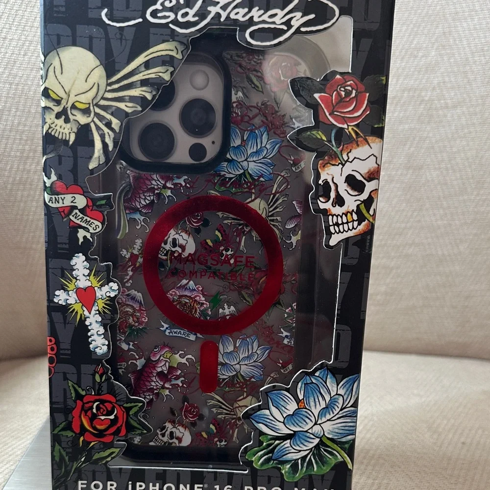 Ed Hardy Skull and Floral iPhone 16 Pro Max Case - Red and Blue